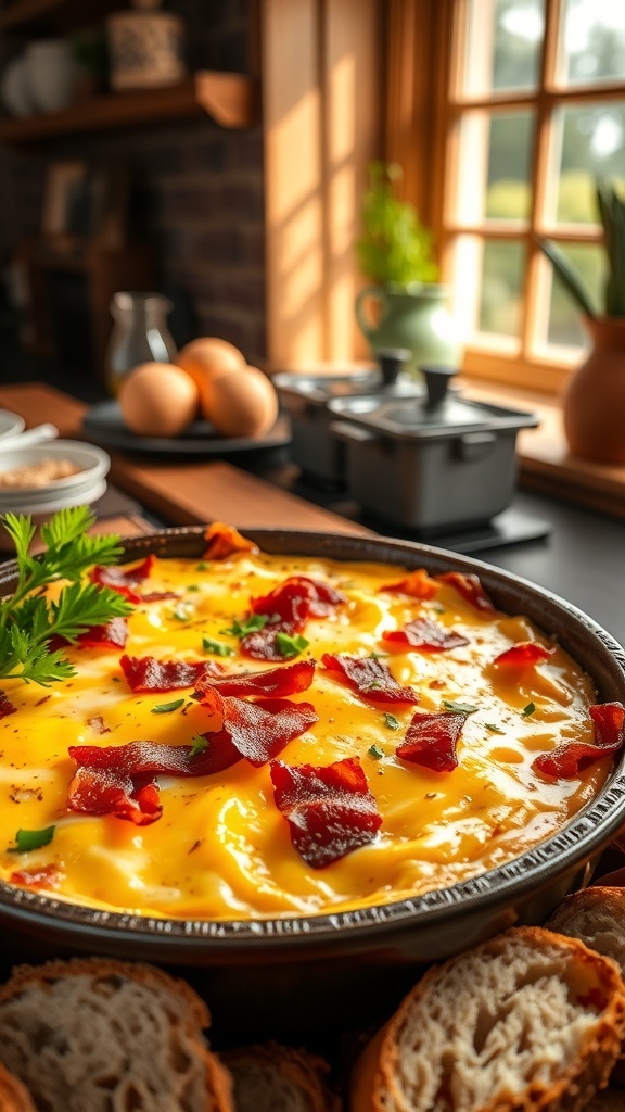 A golden-brown breakfast casserole with eggs, bacon, and cheese, garnished with parsley, in a rustic dish.